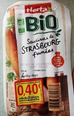 Saucisses de Strasbourg fumée BIO Herta , code 7613036695091