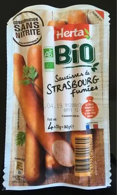 Saucisses de strasbourg fumées bio conservation sans nitrites Herta 140 g, code 7613036900805