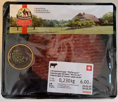 Hamburger de boeuf "Poivre vert" Migros, Terrasuisse, Micarna 230 g, code 7617100053435