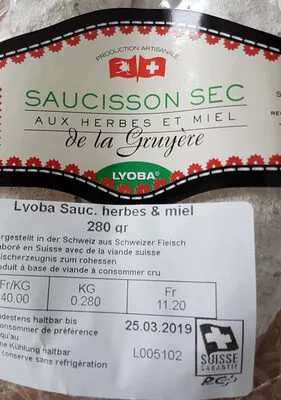 Saucisson sec aux herbes et miel Lyoba 280 g, code 7640118585100