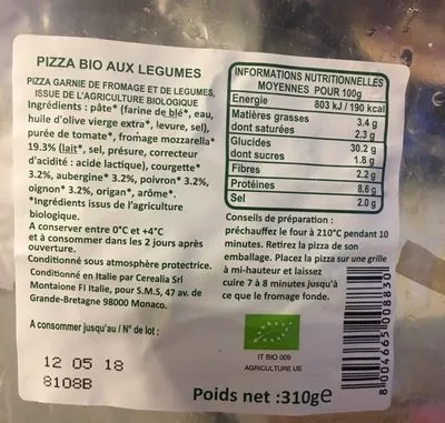 Pizza Bio aux Légumes Cerealia 310 g e, code 8004665008830