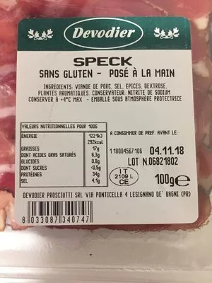 Speck sans gluten Devodier 100 g e, code 8033087340747