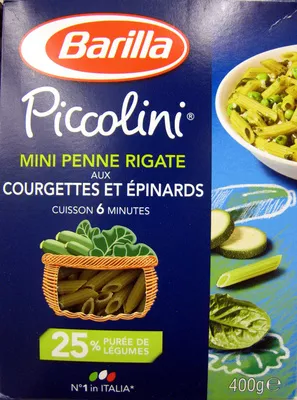 Mini Penne Rigate aux Courgettes et Épinards Piccolini Barilla, Barilla Piccolini 400 g, code 8076809539326