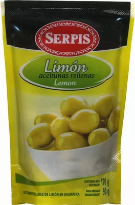 Aceitunas verdes rellenas de pasta de limón "Serpis" Serpis 170 g (neto), 90 g (escurrido), code 8410344201278