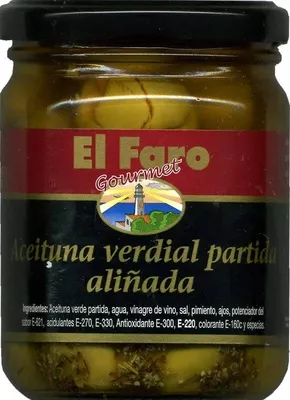 Aceituna verdial partida aliñada El Faro 350 g (neto), 200 (escurrido), 370 ml, code 8410813222773