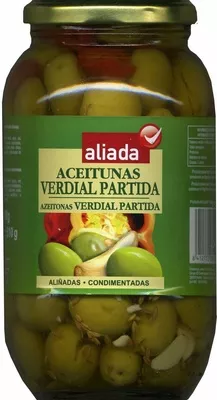 Aceitunas verdes partidas aliñadas "Aliada" Variedad Verdial Aliada 860 g (neto), 510 g (escurrido), 850 ml, code 8412732260102