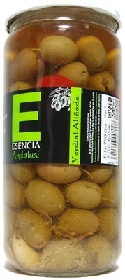 Aceitunas verdes aliñadas "Esencia Andalusí" Variedad verdial Esencia Andalusí 700 g (neto), 410 g (escurrido), code 8414606447008