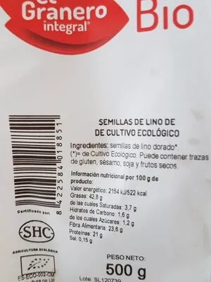 Semillas de lino de cultivo ecológico El Granero Integral 500 g, code 8422584018851