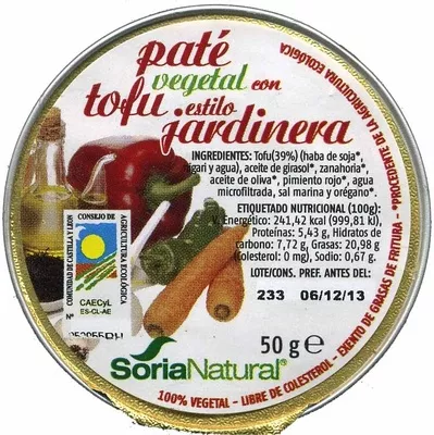 Paté vegetal con tofu estilo jardinera Soria Natural 50 g, code 8422947520120