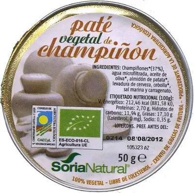 Paté vegetal ecológico con champiñones Soria Natural 50 g, code 8422947520229