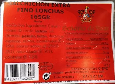 Salchichón extra fino lonchas Señorío de Yoar 165g, code 8423211002007