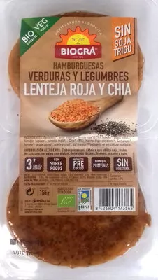 Hamburguesas Verduras y Legumbres Lenteja roja y chía Biográ 155 g (2 Ud), code 8426904173565