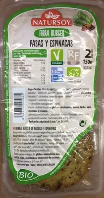 Fibra burger pasas y espinacas Natursoy, Nutrition & Santé Iberia S.L., Nutrition & Santé S.A.S., Otsuka Pharmaceutical Co. Ltd., Otsuka Holdings Co. Ltd. 150 g (2 x 75 g), code 8428159005684