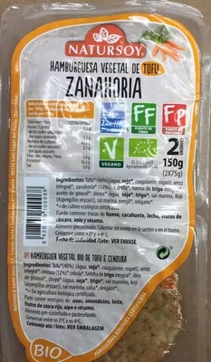 Tofu burger zanahoria Natursoy, Nutrition & Santé Iberia S.L., Nutrition & Santé S.A.S., Otsuka Pharmaceutical Co. Ltd., Otsuka Holdings Co. Ltd. 150 g (2 x 75 g), code 8428159100068