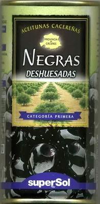 Aceitunas negras cacereñas deshuesadas SuperSol 360 g (neto), 150 g (escurrido), 370 ml, code 8430803018544