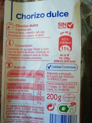 Chorizo sarta dulce Carrefour , code 8431876260038