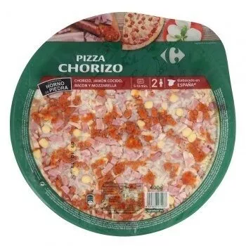 Pizza chorizo jamón y bacon Carrefour , code 8431876275537