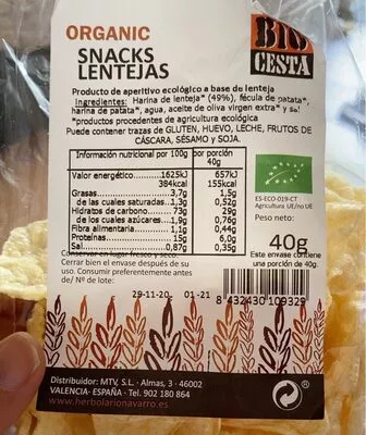 Snacks lentejas Bio Cesta 40 g, code 8432430109329