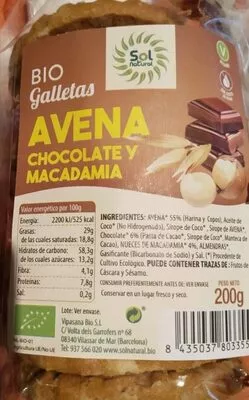 Bio Galletas Avena Chocolate y Macadamia Sol Natural 200 g, code 8435037803355