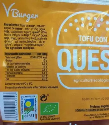 Hamburguesa tofu con queso Veritas , code 8435173001240