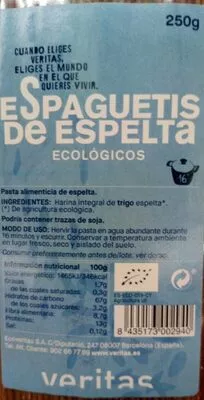 Espaguetis de espelta ecológicos Veritas , code 8435173002940