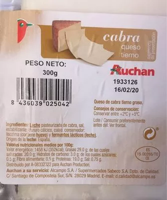 Queso tierno de cabra Auchan , code 8436039025042