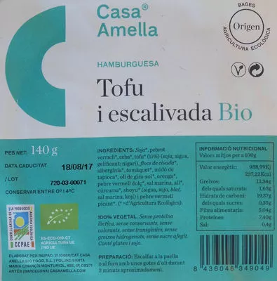 Hamburguesa tofu i escalivada Casa Amella 140 g, code 8436046349049