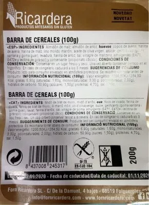 Barra de cereales sin gluten ricardera , code 8437008245317