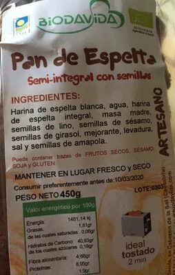 Pan de espelta semi-integral con semillas  450 g, code 8437017375128