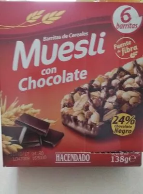 Barritas de cereales muesli con chocolate Hacendado 138 g, code 8480000093493