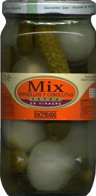 Mix pepinillos y cebollitas Hacendado 670 g (neto), 370 g (escurrido), 720 ml, code 8480000330260