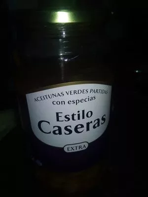 Aceitunas verdes partidas con especias estilo caseras Hacendado 940 g (neto), 550 g (neto escurrido), code 8480000330284