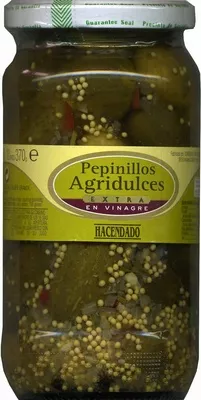 Pepinillos encurtidos agridulces Hacendado 670 g (neto), 370 g (escurrido), 720 ml, code 8480000331861