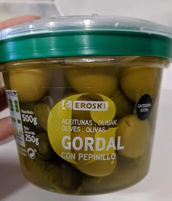 Aceitunas/Olivas Gordal con Pepinillo Eroski , code 8480010075052