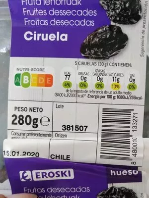 Frutas desecadas ciruela Eroski 320 g, code 8480010133264