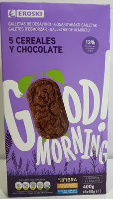 Galletas de desayuno 5 cereales y chocolate Eroski 400 g, code 8480010178234