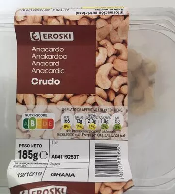 Anacardo crudo Eroski 185 g, code 8480010189650