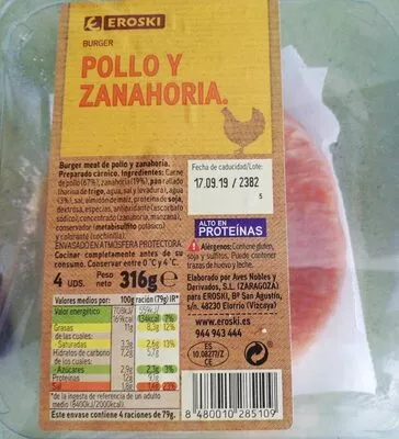 Burger pollo y zanahoria Eroski 316 g, code 8480010285109