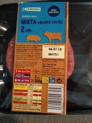 Burger meat mixta vacuno cerdo Eroski 300 g, code 8480010297058