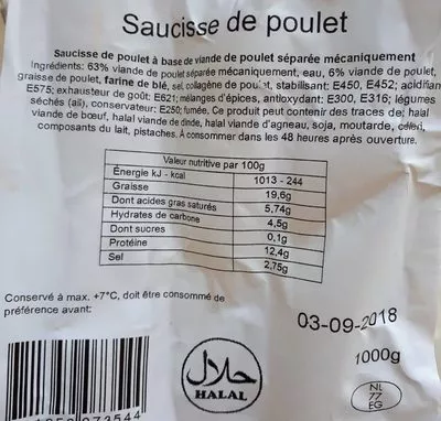 Saucisse de poulet Sans marque 1000 g, code 8711659073544