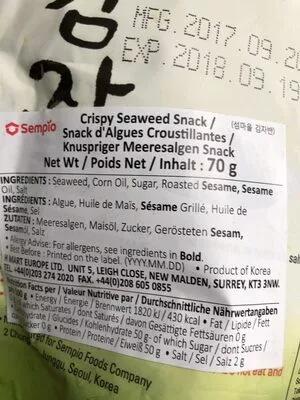 Crispy seaweed snack Sempio , code 8801005123495