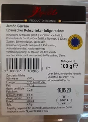 Pepelito Jamón Serrano g.t.S Luftgetrockneter Spanischer Rohschinken  100 g, code 9006382108946