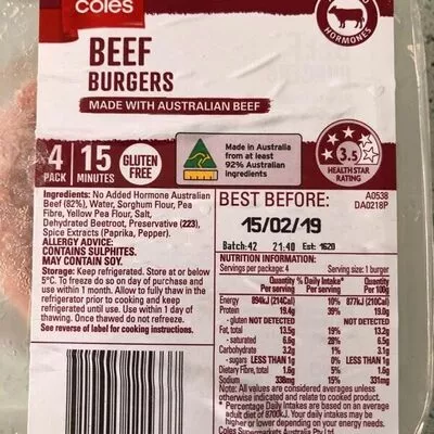 Beef burgers Coles , code 9310645115337